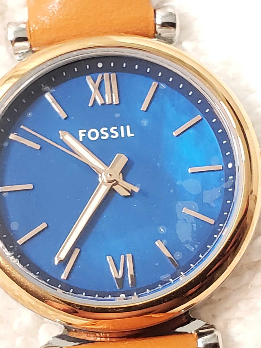 Fossil Carlie Women's Quartz Watch Blue Dial Mini Leather Gold Tone Bezel NEW